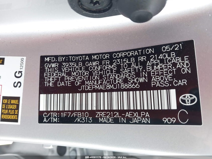 2021 Toyota Corolla VIN JTDEPMAE8MJ188866 IAAI salvage auction — SIDE, Rebuildable (Florida), sold $5,150 on 2026-07-21 (photo 9)