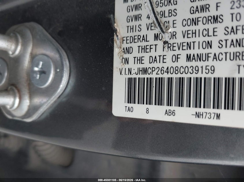 2008 Honda Accord VIN JHMCP26408C039159 IAAI salvage auction — NORMAL WEAR, Original (Texas), sold $425 on 2026-07-29 (photo 9)