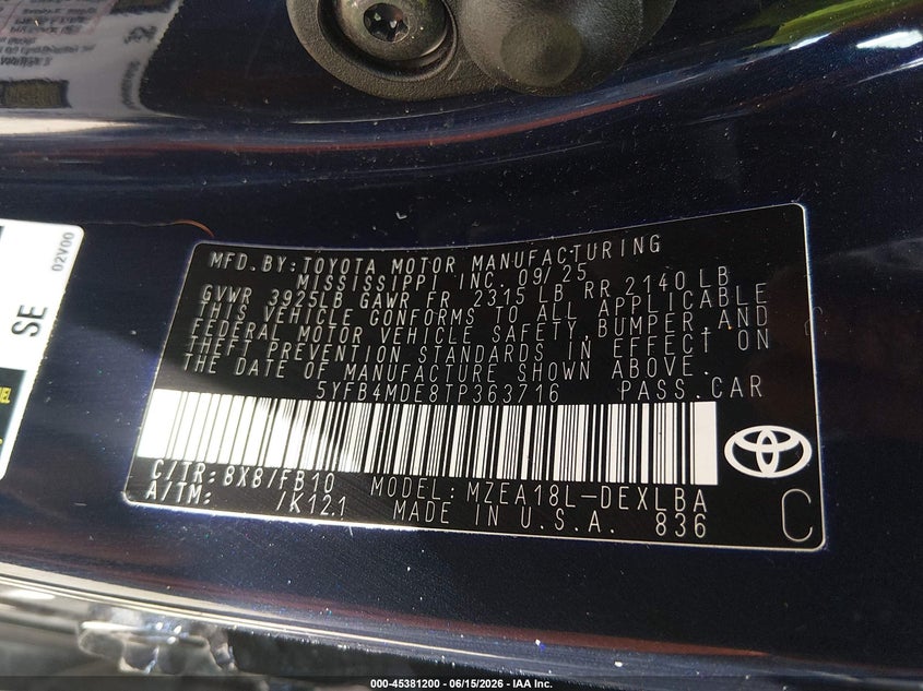 2026 Toyota Corolla VIN 5YFB4MDE8TP363716 IAAI salvage auction — FRONT & REAR, Salvage Title, sold $3,950 on 2026-08-02 (photo 9)