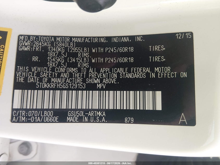 2016 Toyota Highlander VIN 5TDKKRFH5GS129153 IAAI salvage auction — LEFT SIDE, Clear (South Carolina), sold $6,100 on 2026-07-08 (photo 9)