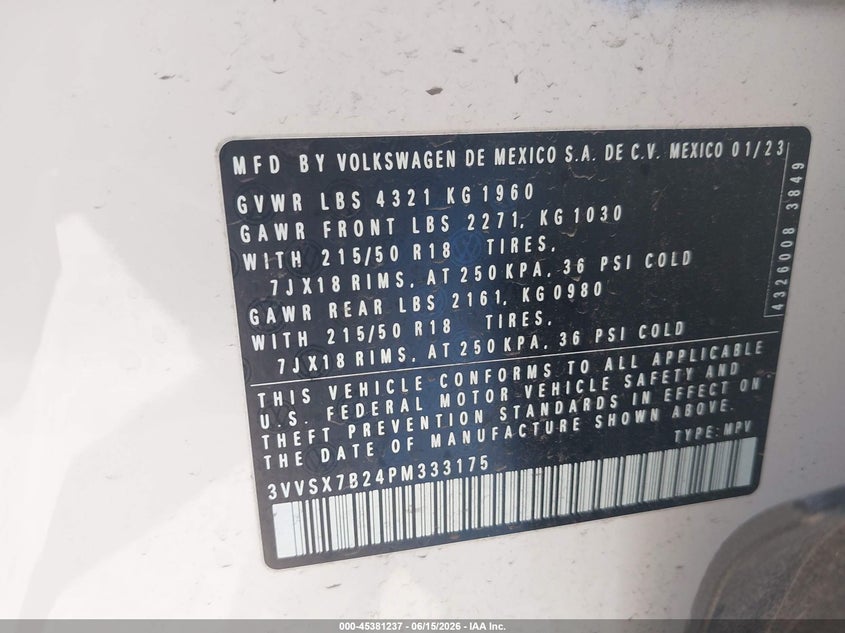2023 Volkswagen Taos VIN 3VVSX7B24PM333175 IAAI salvage auction — RIGHT SIDE, Salvage (Missouri), sold $7,250 on 2026-07-24 (photo 9)