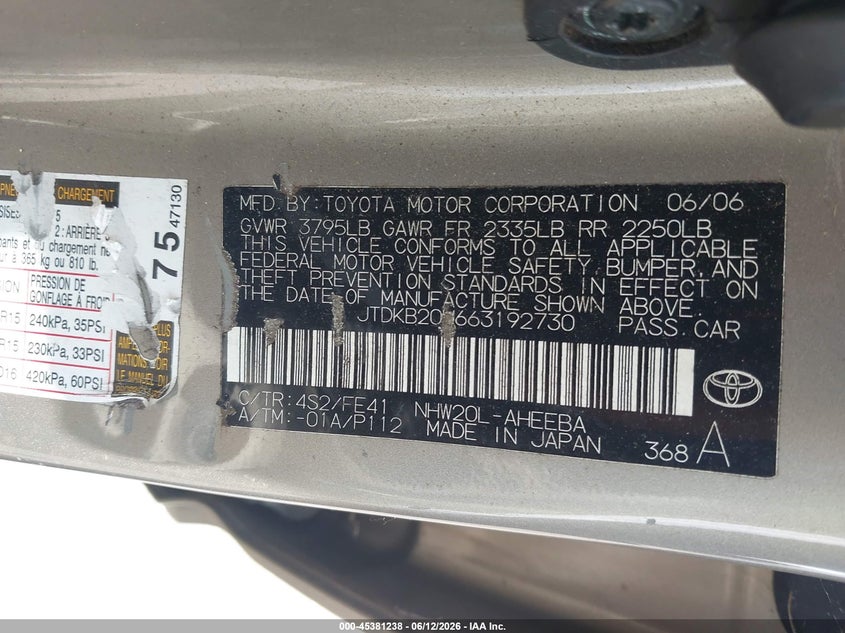 2006 Toyota Prius VIN JTDKB20U663192730 IAAI salvage auction — NORMAL WEAR, Clear (Georgia), sold $600 on 2026-07-29 (photo 9)