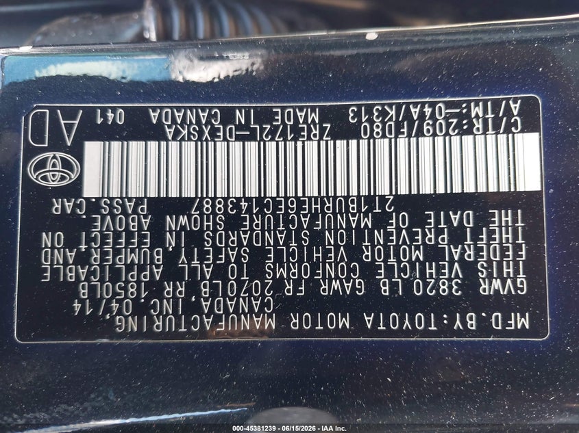 2014 Toyota Corolla VIN 2T1BURHE6EC143887 IAAI salvage auction — FRONT END, Salvage (North Carolina), sold $1,350 on 2026-07-09 (photo 9)