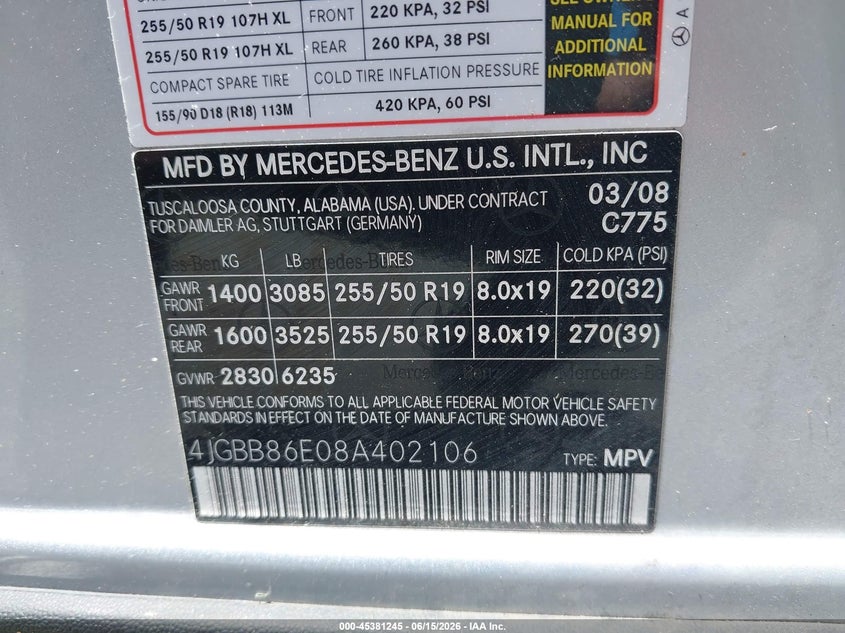 2008 Mercedes-benz Ml-class VIN 4JGBB86E08A402106 IAAI salvage auction — NORMAL WEAR, Clear (Tennessee), sold $250 on 2026-07-09 (photo 9)