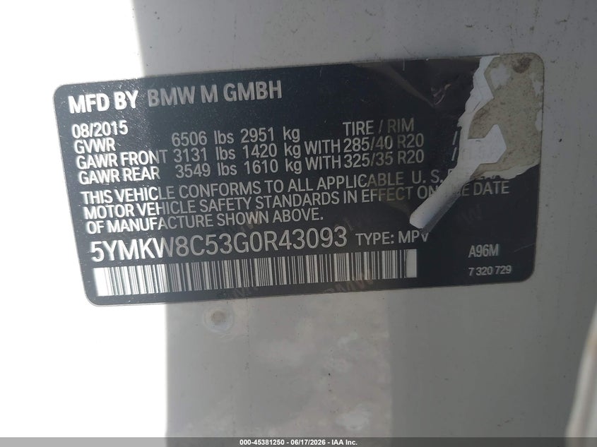 2016 BMW X6 m VIN 5YMKW8C53G0R43093 IAAI salvage auction — LEFT & RIGHT, Salvage (New Jersey), sold $1,600 on 2026-07-29 (photo 9)