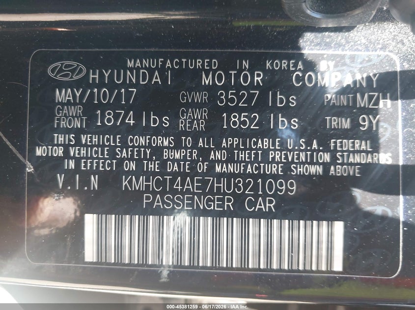 2017 Hyundai Accent VIN KMHCT4AE7HU321099 IAAI salvage auction — FRONT END, Salvage - Greater Than 75% (Maryland), sold $500 on 2026-07-11 (photo 9)