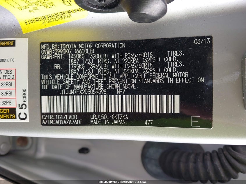 2013 Lexus Gx VIN JTJJM7FX2D5059398 IAAI salvage auction — FRONT END, Salvage Title, sold $8,100 on 2026-07-23 (photo 9)