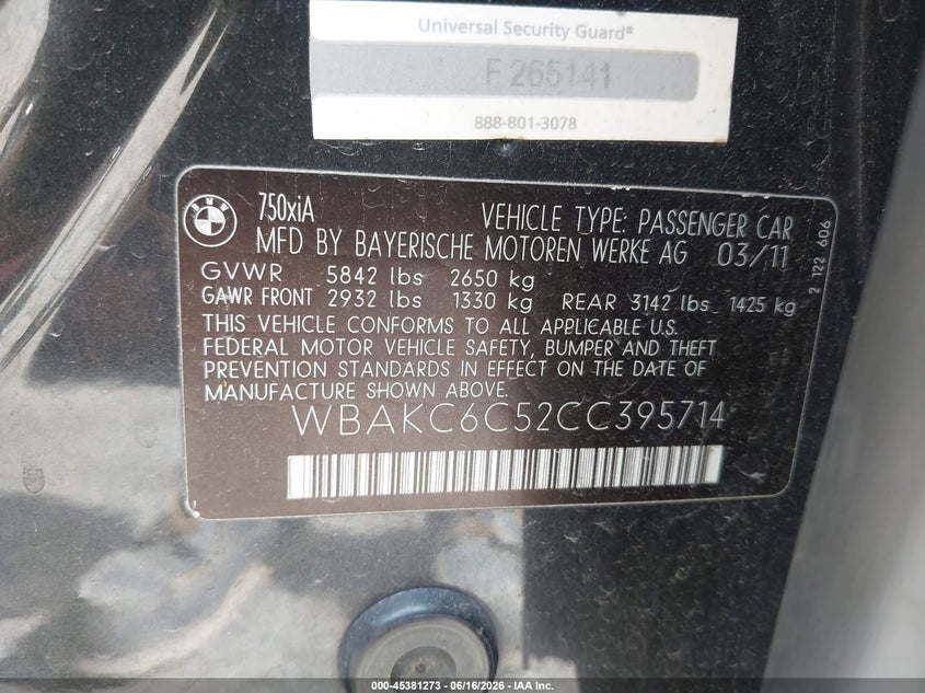 2012 BMW 7er VIN WBAKC6C52CC395714 IAAI salvage auction — RIGHT FRONT, Previous Salvage (Michigan), sold $1,150 on 2026-07-08 (photo 9)