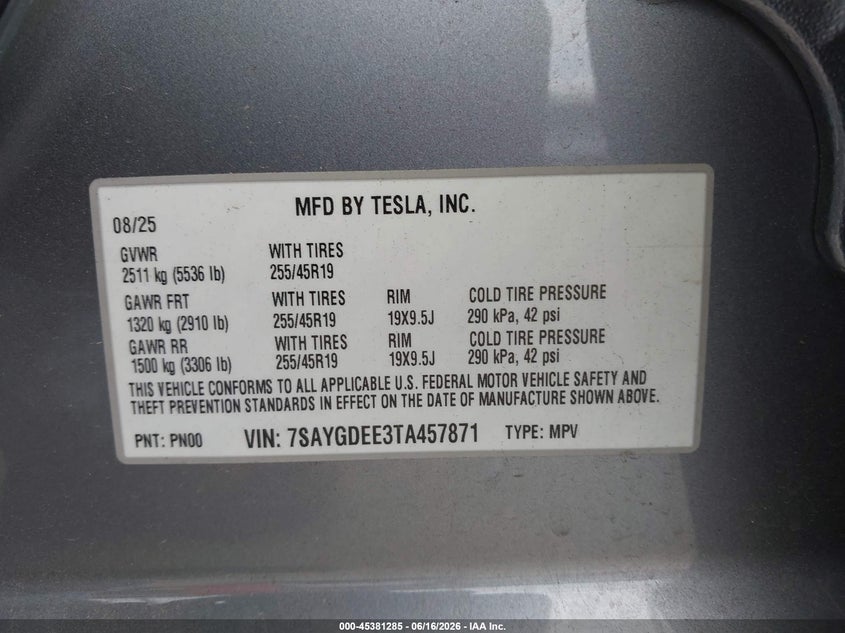 2026 Tesla Model y VIN 7SAYGDEE3TA457871 IAAI salvage auction — FRONT & REAR, Salvage (North Carolina), sold $20,500 on 2026-07-16 (photo 9)
