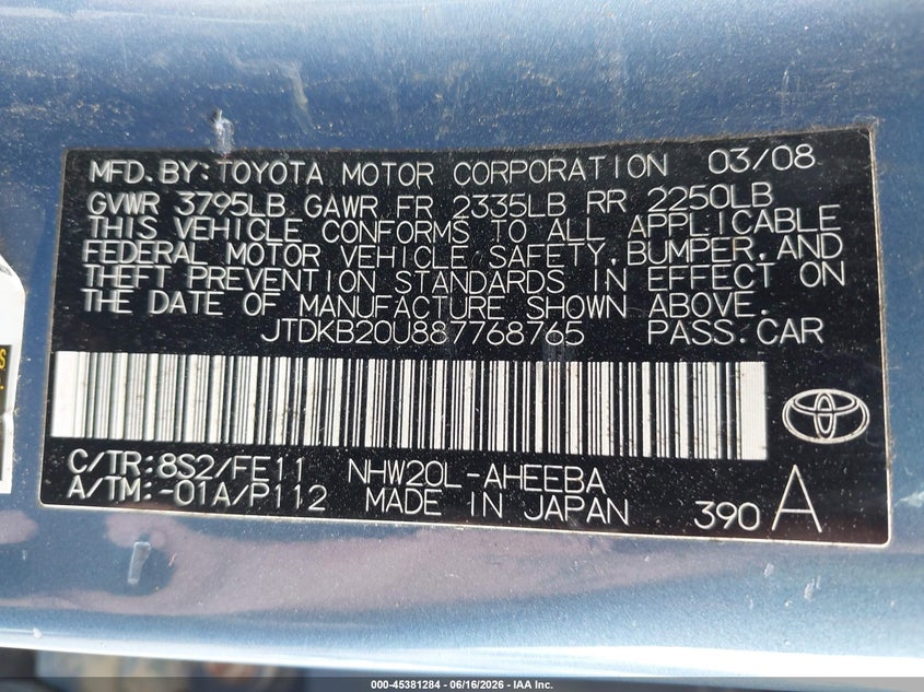 2008 Toyota Prius VIN JTDKB20U887768765 IAAI salvage auction — FRONT END, Salvage (Indiana), sold $300 on 2026-07-11 (photo 9)