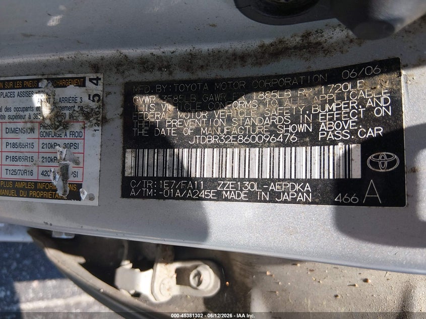 2006 Toyota Corolla VIN JTDBR32E860096476 IAAI salvage auction — NORMAL WEAR, Clear (South Carolina), sold $300 on 2026-07-22 (photo 9)