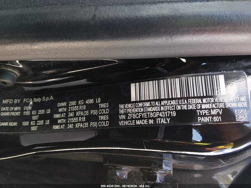 2016 Fiat 500x VIN ZFBCFYET8GP431719 IAAI salvage auction — ALL OVER, Salvage (Illinois), sold $975 on 2026-08-01 (photo 9)