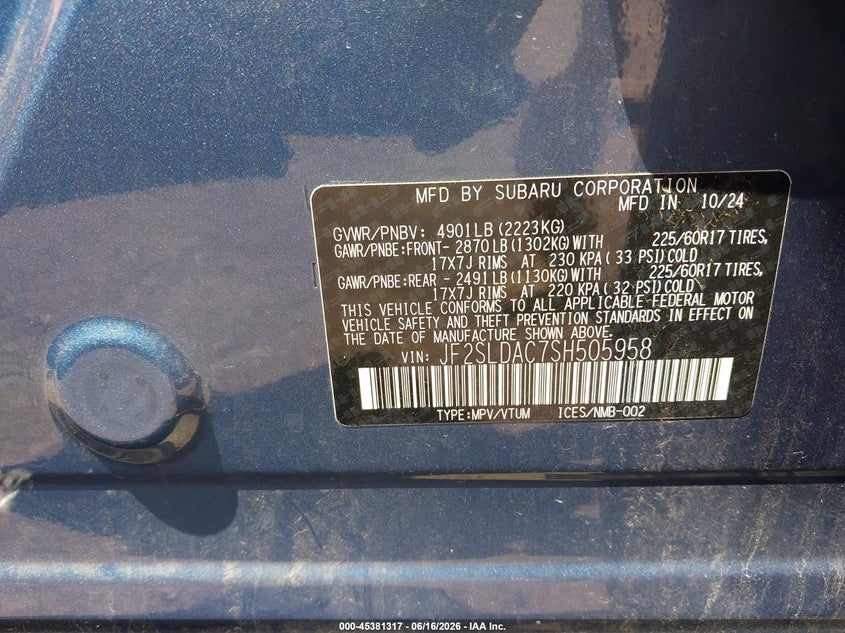 2025 Subaru Forester VIN JF2SLDAC7SH505958 IAAI salvage auction — BIO HAZARD, Mv-907A (New York), sold $2,200 on 2026-07-23 (photo 9)