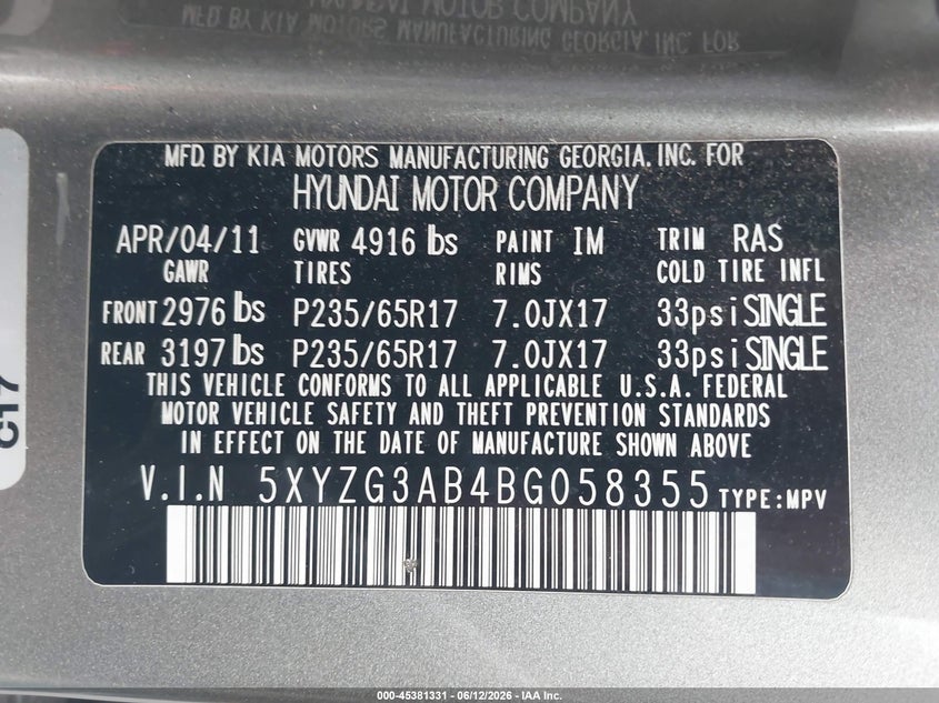 2011 Hyundai Santa fe VIN 5XYZG3AB4BG058355 IAAI salvage auction — NORMAL WEAR, Original (Ohio), sold $650 on 2026-07-22 (photo 9)