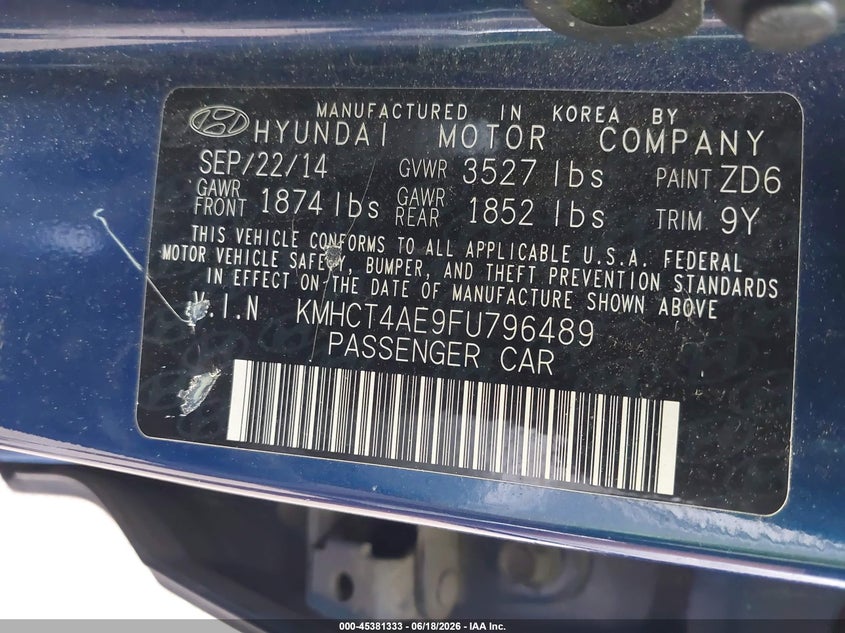 2015 Hyundai Accent VIN KMHCT4AE9FU796489 IAAI salvage auction — NORMAL WEAR, Clear (Virginia), sold $750 on 2026-07-11 (photo 9)