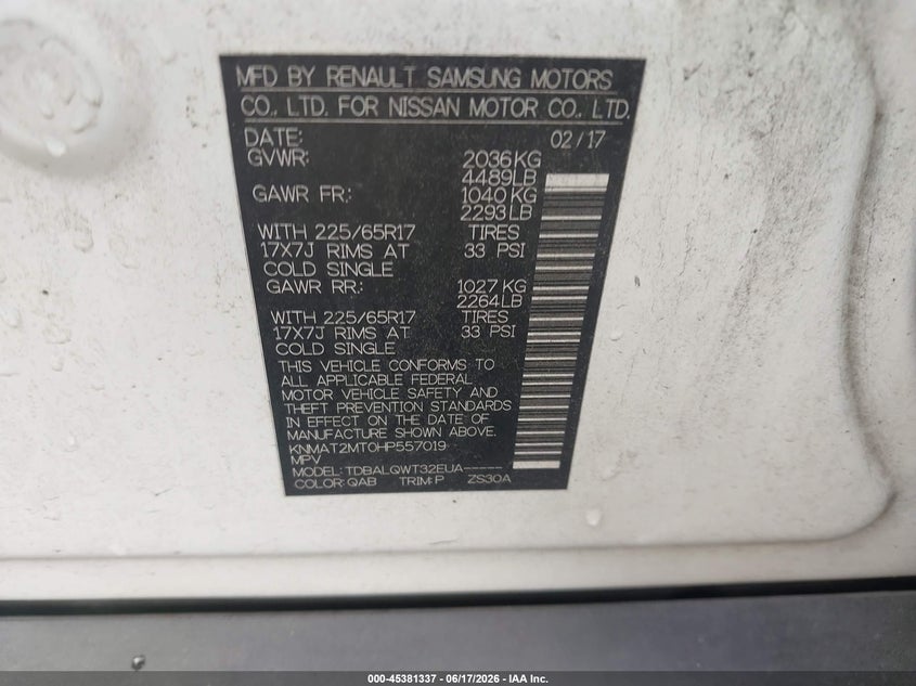2017 Nissan Rogue VIN KNMAT2MT0HP557019 IAAI salvage auction — FRONT END, Salvage (Louisiana), sold $1,050 on 2026-07-15 (photo 9)