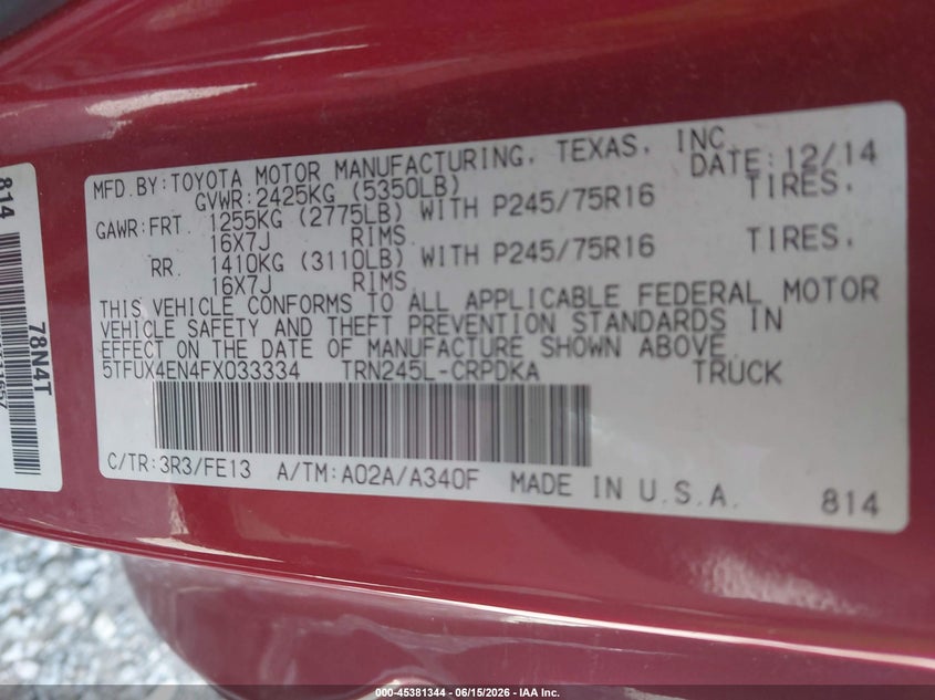 2015 Toyota Tacoma VIN 5TFUX4EN4FX033334 IAAI salvage auction — FRONT END, Salvage (Georgia), sold $5,600 on 2026-07-14 (photo 9)