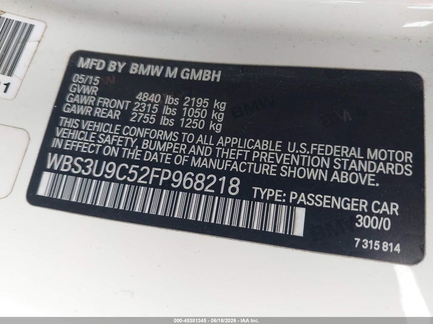 2015 BMW M4 VIN WBS3U9C52FP968218 IAAI salvage auction — EXTERIOR BURN, Salvage Title, sold $11,325 on 2026-08-04 (photo 9)