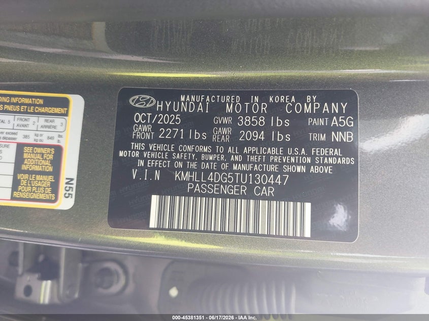 2026 Hyundai Elantra VIN KMHLL4DG5TU130447 IAAI salvage auction — REAR END, Rebuildable (Florida), sold $5,800 on 2026-07-30 (photo 9)