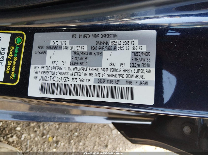 2020 Mazda 6 VIN JM1GL1TY0L1517374 IAAI salvage auction — FRONT END, Salvage (Ohio), sold $650 on 2026-07-23 (photo 9)
