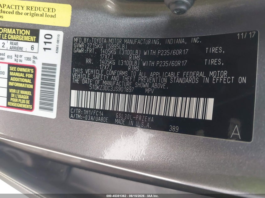 2018 Toyota Sienna VIN 5TDKZ3DC3JS901897 IAAI salvage auction — WATER/FLOOD, Salvage Title, sold $5,100 on 2026-07-24 (photo 9)