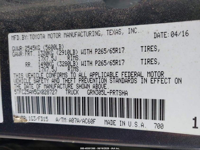 2016 Toyota Tacoma VIN 5TFCZ5AN5GX028727 IAAI salvage auction — FRONT END, Salvage (North Carolina), sold $13,025 on 2026-07-09 (photo 9)