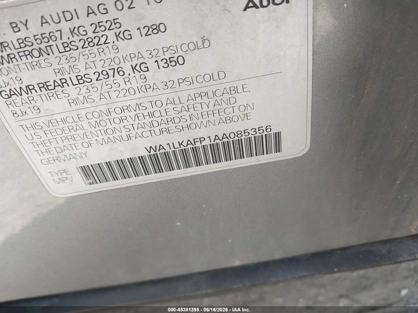 2010 Audi Q5 VIN WA1LKAFP1AA085356 IAAI salvage auction — REAR END, Clear (Michigan), sold $575 on 2026-07-09 (photo 9)