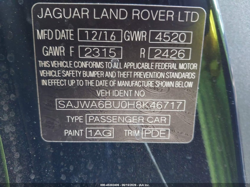 2017 Jaguar F-type VIN SAJWA6BU0H8K46717 IAAI salvage auction — REAR END, Clear (Indiana), sold $11,500 on 2026-07-29 (photo 9)