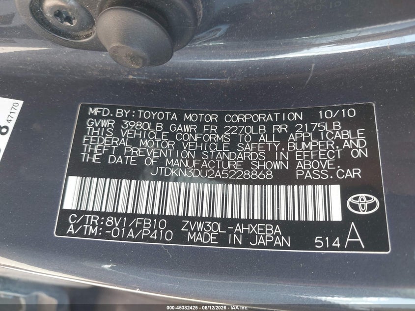 2010 Toyota Prius VIN JTDKN3DU2A5228868 IAAI salvage auction — NORMAL WEAR, Clear (Arizona), sold $350 on 2026-07-09 (photo 9)