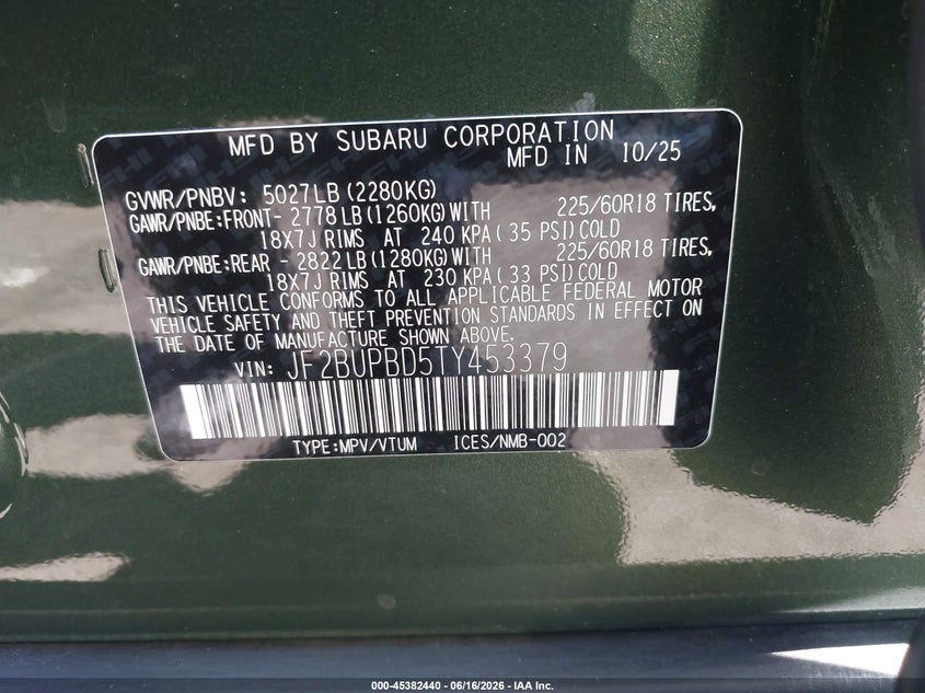 2026 Subaru Outback VIN JF2BUPBD5TY453379 IAAI salvage auction — FRONT END, Salvage Title, sold $12,100 on 2026-07-13 (photo 9)