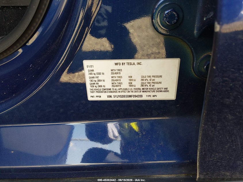 2021 Tesla Model y VIN 5YJYGDEE8MF094209 IAAI salvage auction — SIDE, Salvage (New Jersey), sold $6,000 on 2026-08-02 (photo 9)