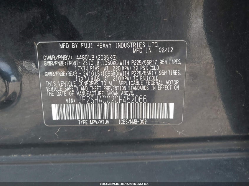2012 Subaru Forester VIN JF2SHACC2CH452066 IAAI salvage auction — REAR END, Prior Salvage (Minnesota), sold $350 on 2026-07-29 (photo 9)