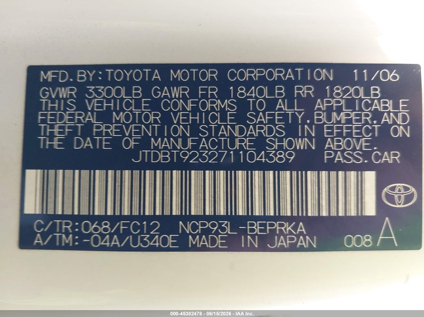 2007 Toyota Yaris VIN JTDBT923271104389 IAAI salvage auction — UNKNOWN, App For Dup Clear (California), sold $350 on 2026-07-22 (photo 9)