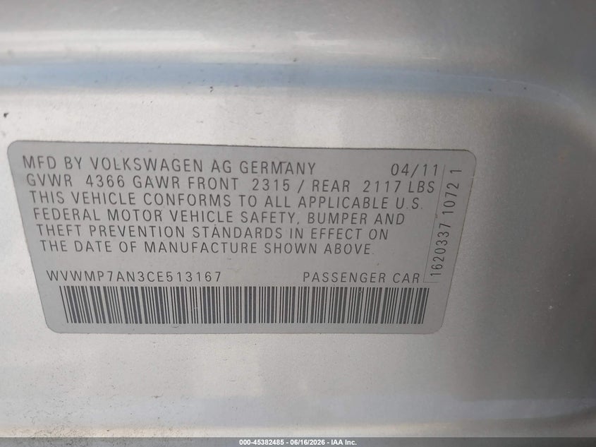 2012 Volkswagen Passat cc VIN WVWMP7AN3CE513167 IAAI salvage auction — NORMAL WEAR, Clear (Maryland), sold $450 on 2026-07-22 (photo 9)