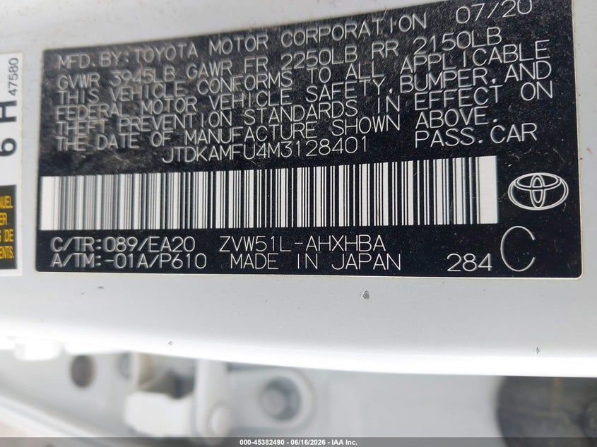 2021 Toyota Prius VIN JTDKAMFU4M3128401 IAAI salvage auction — RIGHT FRONT, Salvage (North Carolina), sold $5,750 on 2026-07-22 (photo 9)