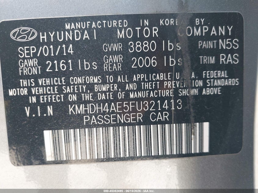 2015 Hyundai Elantra VIN KMHDH4AE5FU321413 IAAI salvage auction — THEFT, Clear (Virginia), sold $25 on 2026-07-29 (photo 9)