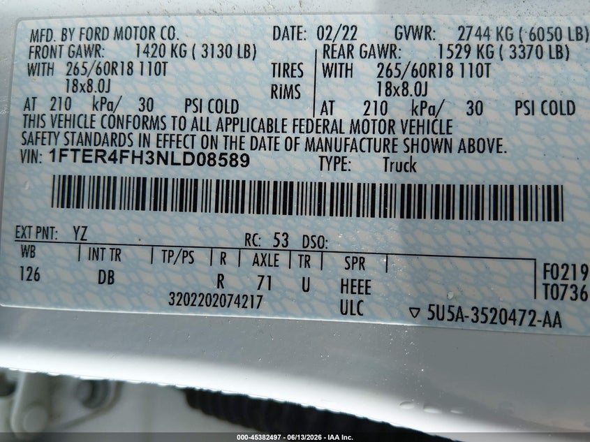2022 Ford Ranger VIN 1FTER4FH3NLD08589 IAAI salvage auction — REAR END, Salvage Title, sold $8,300 on 2026-07-24 (photo 9)