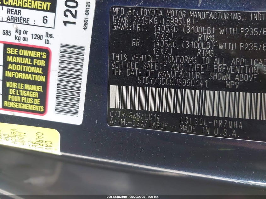 2018 Toyota Sienna VIN 5TDYZ3DC9JS960141 IAAI salvage auction — LEFT FRONT, Clear (New York), sold $7,900 on 2026-07-28 (photo 9)