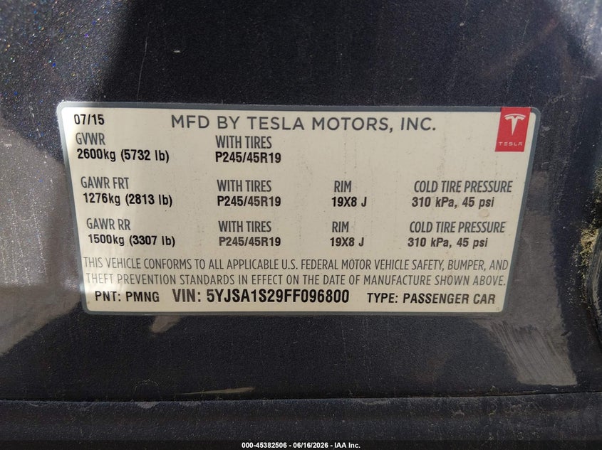 2015 Tesla Model s VIN 5YJSA1S29FF096800 IAAI salvage auction — NORMAL WEAR, Salvage Title, sold $2,500 on 2026-07-22 (photo 9)
