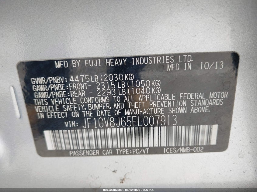 2014 Subaru Impreza wrx VIN JF1GV8J65EL007913 IAAI salvage auction — FRONT END, Salvage (California), sold $1,600 on 2026-07-09 (photo 9)