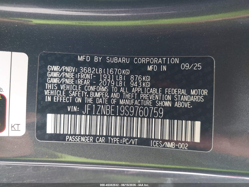 2025 Toyota Gr 86 VIN JF1ZNBE19S9760759 IAAI salvage auction — FRONT END, Salvage Title, sold $7,100 on 2026-08-14 (photo 9)