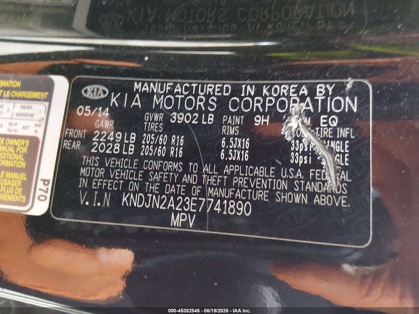 2014 Kia Soul VIN KNDJN2A23E7741890 IAAI salvage auction — FRONT END, Salvage (Pennsylvania), sold $225 on 2026-07-31 (photo 9)