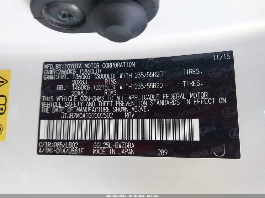 2016 Lexus Rx VIN JTJBZMCA2G2002502 IAAI salvage auction — UNDERCARRIAGE, Salvage (Arizona), sold $9,000 on 2026-07-07 (photo 9)