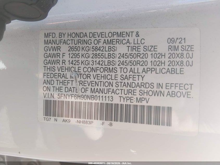 2022 Honda Pilot VIN 5FNYF6H90NB011113 IAAI salvage auction — ELECTRICAL, Salvage (Massachusetts), sold $9,025 on 2026-07-28 (photo 9)