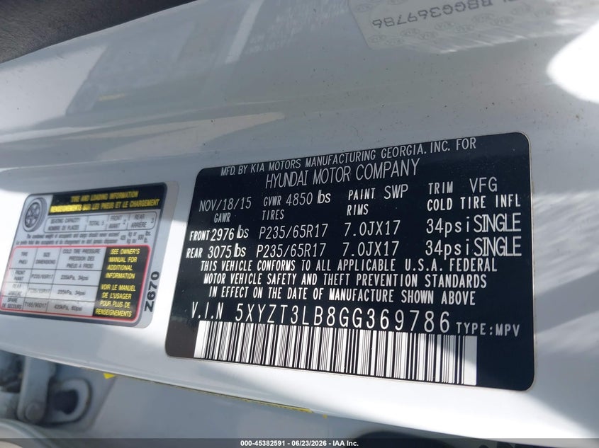 2016 Hyundai Santa fe VIN 5XYZT3LB8GG369786 IAAI salvage auction — HAIL, Salvage (Ohio), sold $2,625 on 2026-07-28 (photo 9)