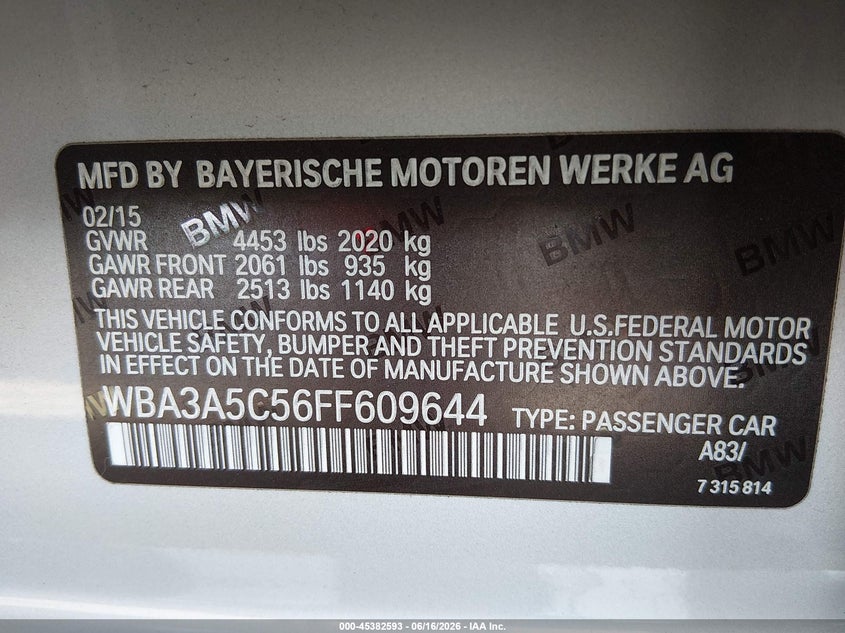 2015 BMW 3er VIN WBA3A5C56FF609644 IAAI salvage auction — FRONT END, Salvage (California), sold $1,100 on 2026-07-08 (photo 9)