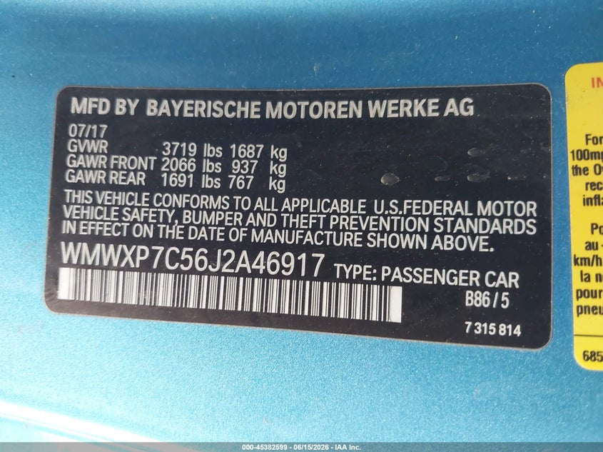 2018 Mini Hard top VIN WMWXP7C56J2A46917 IAAI salvage auction — RIGHT FRONT, Salvage (California), sold $2,300 on 2026-07-10 (photo 9)
