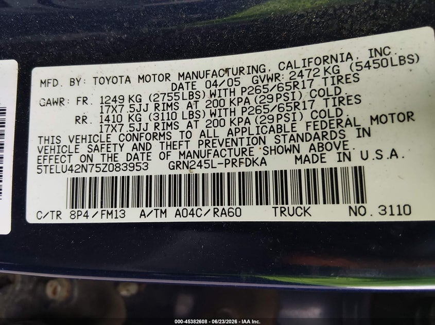 2005 Toyota Tacoma VIN 5TELU42N75Z083953 IAAI salvage auction — NORMAL WEAR, Clear (Pennsylvania), sold $3,375 on 2026-07-07 (photo 9)