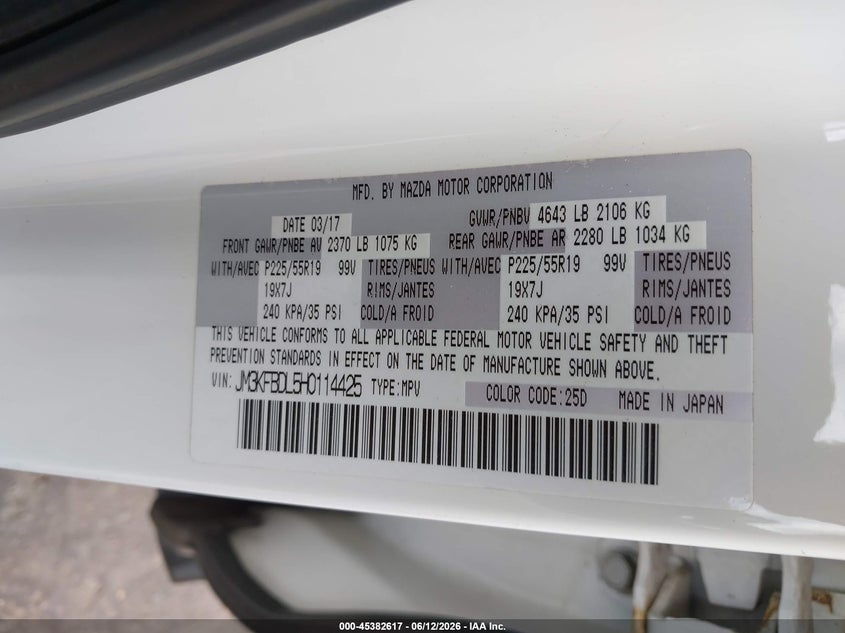 2017 Mazda Cx-5 VIN JM3KFBDL5H0114425 IAAI salvage auction — RIGHT FRONT, Salvage Title, sold $5,500 on 2026-08-01 (photo 9)