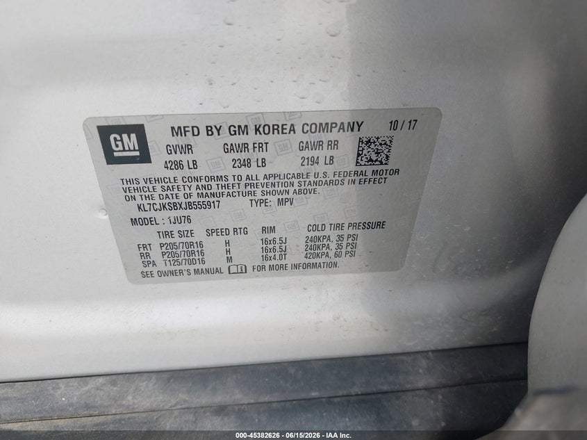 2018 Chevrolet Trax VIN KL7CJKSBXJB555917 IAAI salvage auction — FRONT & REAR, Salvage (Texas), sold $1,650 on 2026-07-08 (photo 9)